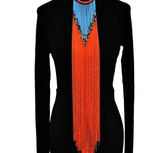 Collier Cravate tout en perles fait main orange et bleues